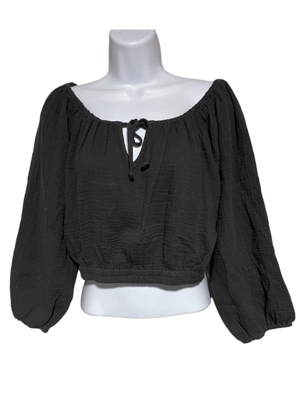 Marine Layer Black Tiana Cropped Top With Puff Sleeves Womens Size Small